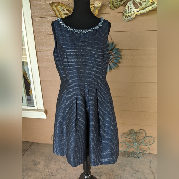 Tahari Dresses & Skirts - Tahari Navy Dress with Silver Thread and Beading Detail at Neckline